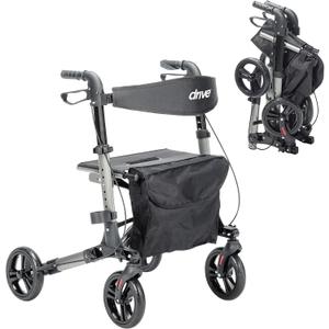 Drive Medical Compact Folding Rollator - Lightweight Foldable Walker for Seniors, 4-Wheeled Walker with Seat & Brakes, Space-Saving & Portable Travel Rollator with 8-Inch Wheels - Just 15.4 Pounds