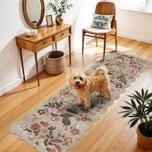 Washable 2x6 Hallway Runner Rug: Vintage Water Resistant Kitchen Rug for Entryway Bedroom Laundry - Ultra Soft Non Slip Low Pile Bathroom Carpet for Modern Farmhouse Decor (2 X 6, Beige-Brown)