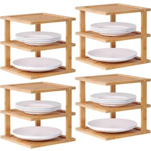 4 Pack Bamboo Corner Shelf,3 Tier Kitchen Cabinet Organizer for Plates and Dishes,Pantry Storage and Spice RackNatural