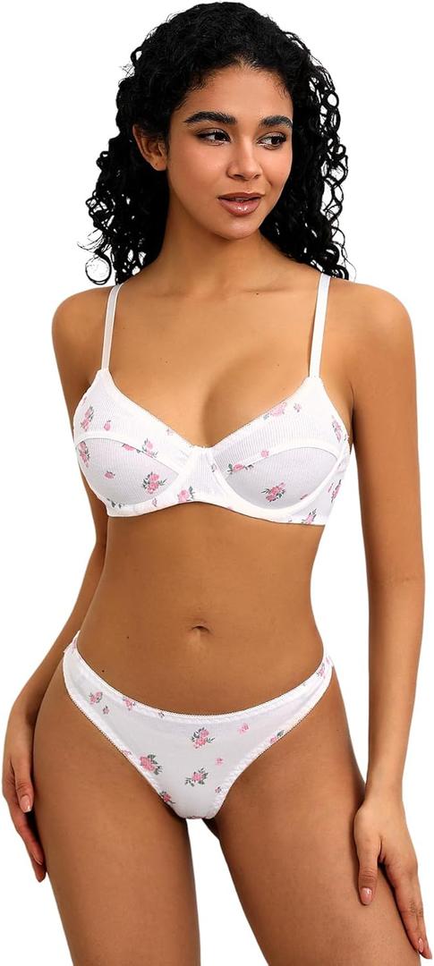 SweatyRocks Women's Print Triangle Bra and Panty 2 Piece Lingerie Set (Medium, Floral White)