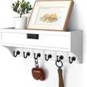 Rebee Vision Decorative Pine Wood Key Holder Wall Mount with Drawer Organizer Modern Mail Organizer with 6 Key Hooks and Storage Drawer Home Decor for Apartment Essentials (White)