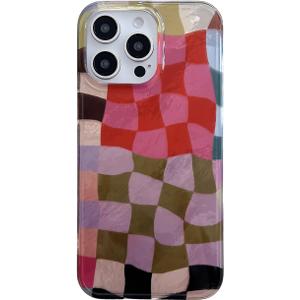 Colorful Checkered Aesthetic Phone Case for iPhone 14 Pro 6.1",Trendy Wavy Checkerboard Retro Gingham Glitter Preppy Design Protective Cover for iPhone 14pro 6.1in