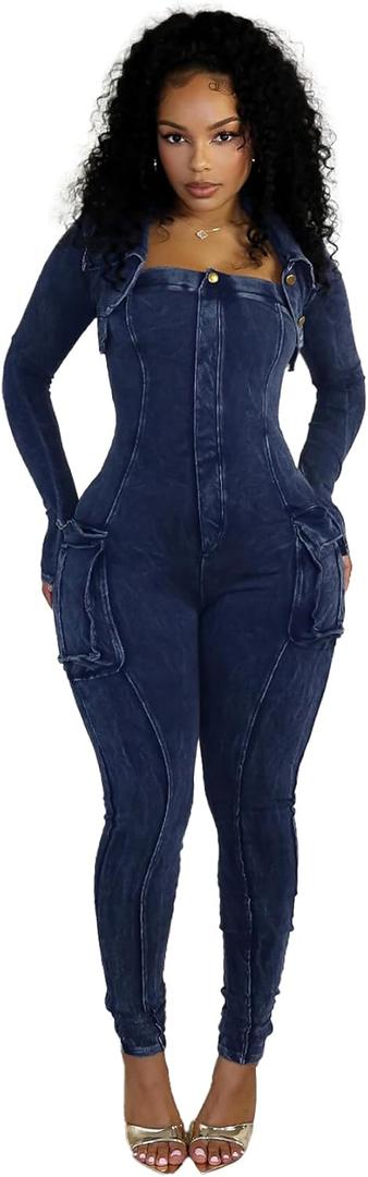 Women's Jumpsuits Casual Romper Pants Sexy Long Sleeve V Neck Top Bodycon Pant Two Piece Outfits Set (Medium, Blue)