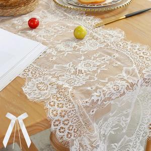 6 Pack 14 x 120 Inch White Lace Table Runner with 24 Bow Ties, Vintage Boho Embroidered Floral Lace Table Runners for Dresser Top Wedding Bridal Shower Thanksgiving Christmas Party Decoration