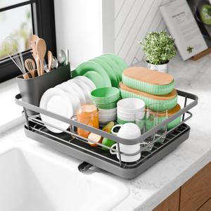 Kitsure Dish Drying Rack - Compact Dish Rack with Utensil Holder & Adjustable Water Outlet, Rust-Proof & Scratch-Resistant Drying Rack for Kitchen, 15.5" x 12.0" x 5.0", Grey (Gray)