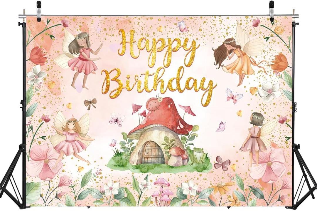 Fairy Happy Birthday Backdrop  Flower Fairy Birthday Party Decorations My Fairy First Birthday Background for Girls Fairy Tale Theme Birthday Party Decorations Photo Props