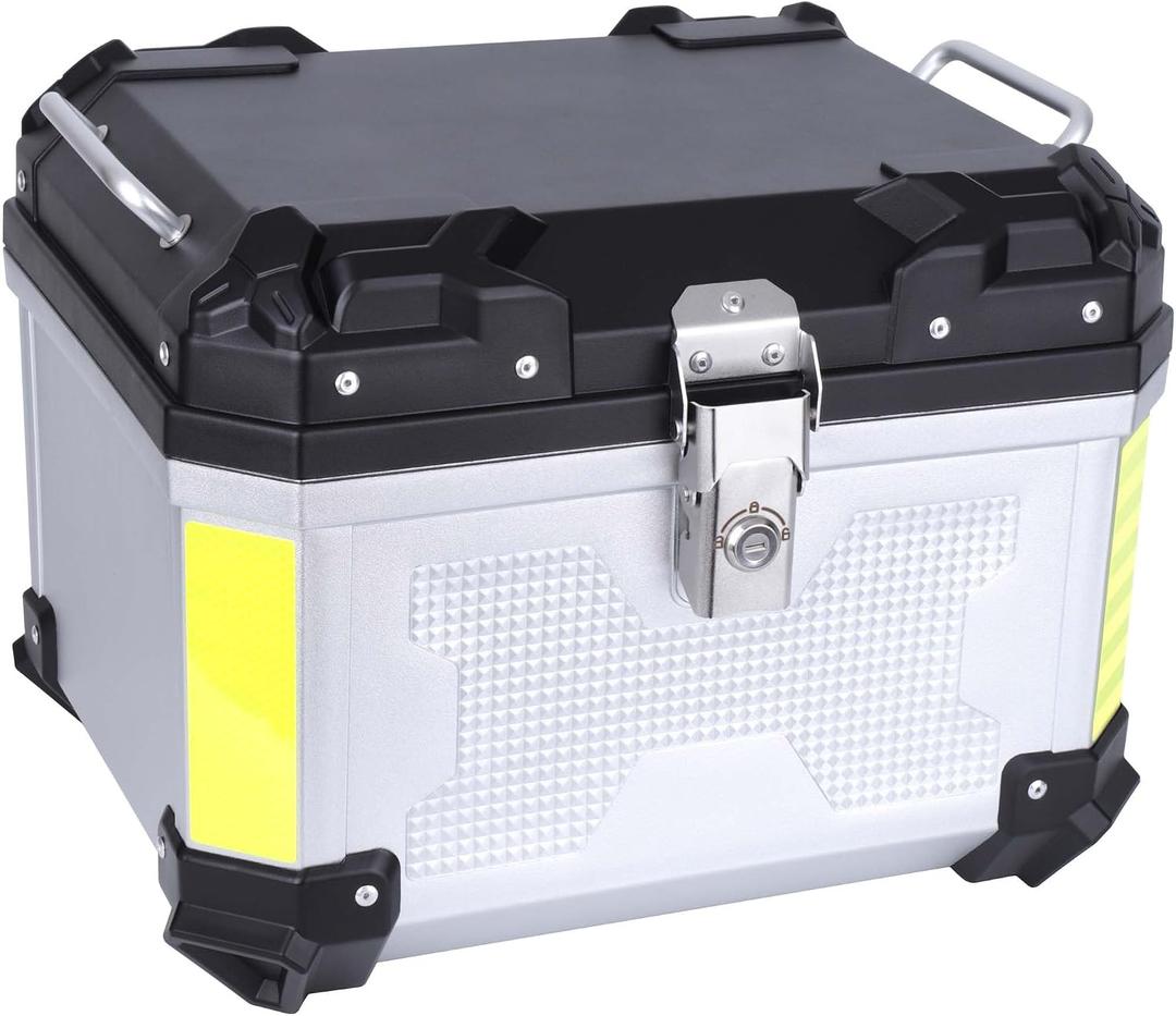 Motorcycle Top Case 45L Trunk Tail Box Bag Aluminum alloy handle With Leather Lining Anti-Theft With Lock And Back Cushion Waterproof Dustproof Easy Installation With Universal Bracket Silver, 45 liters