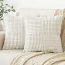 Softalker Throw Pillow Covers 16x16 Inch, Spring Outdoor Set of 2 Fluffy Corduroy Boho Textured Pillow Covers Modern Decorative Pillow Case for Classroom Balcony Patio Couch, Cream