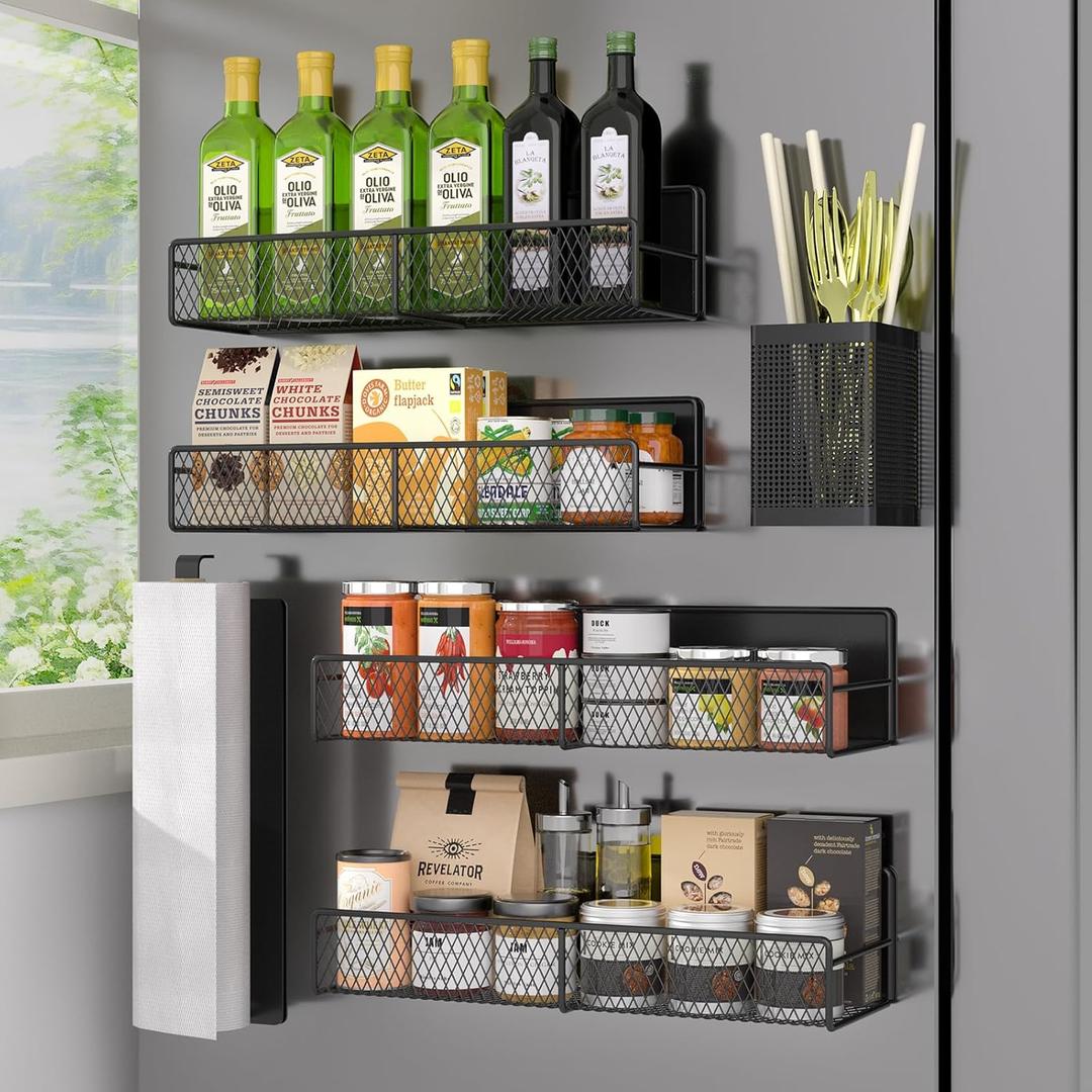 Magnetic Spice Rack for Refrigerator, 6 Pack 100% Metal Strong Magnet Shelf Black, Space Saving Spice Organizer, Home Kitchen Laundry Room Storage Organization W/ Paper Towel Holder, Utensils Racks