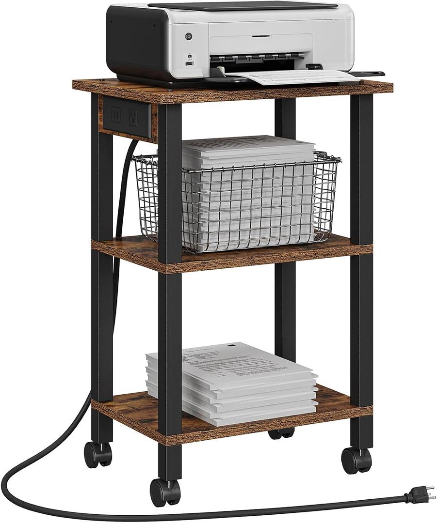 TUTOTAK 3 Tier Printer Stand, Rolling Printer Cart with Power Outlets and USB Ports, Mobile Printer Table with Wheels, for Under Desk, Office, Home,Brown PS02BB001