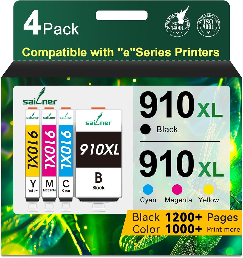 SAILNER 910XL Ink Cartridges Replacement for HP 910 Ink 910XL Ink Cartridges Combo Pack for HP 910 Work with OfficeJet Pro 8015e 8025e 8020e 8015 8020 8028e 8035e 8010e Printer (4 Pack)