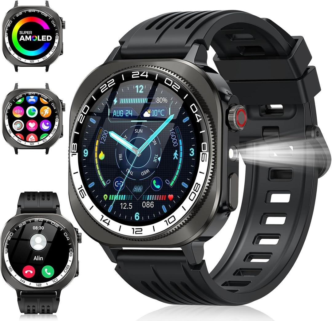 Smart Watch, 1.43" AMOLED-3D Military Smartwatch for Men Women (Answer/Make Call), Flashlight/130+ Sports/60 Days, Heart Rate/Sleep Monitor, IP68 Waterproof Fitness Activity Tracker for Android iOS