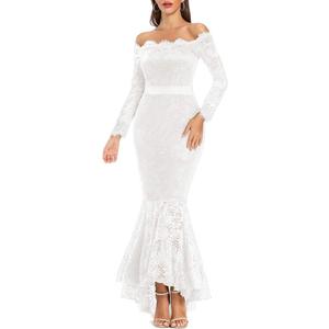 LALAGEN Women's Floral Lace Long Sleeve Off Shoulder Wedding Mermaid Dress White M