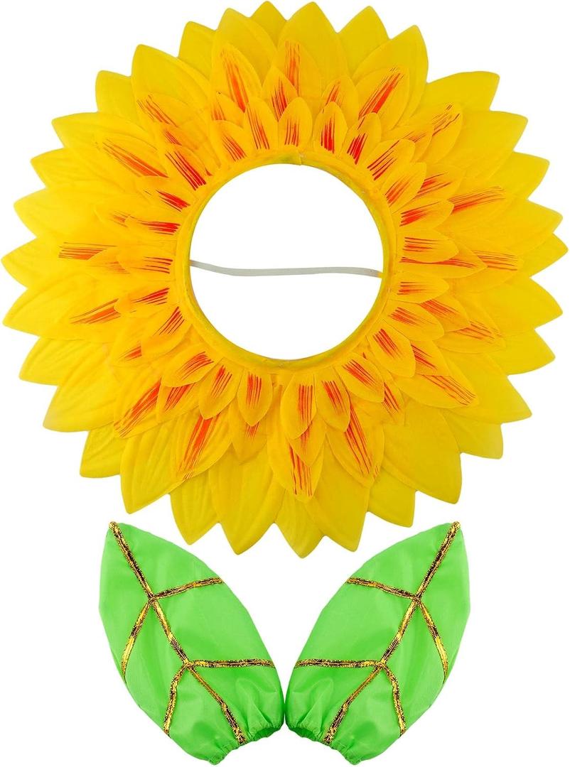 Dingion Funny Sunflower Halloween Costume Yellow Flower Headgear with 2 Pieces Green Gloves for Halloween Sun Cosplay(22.8 Inches)