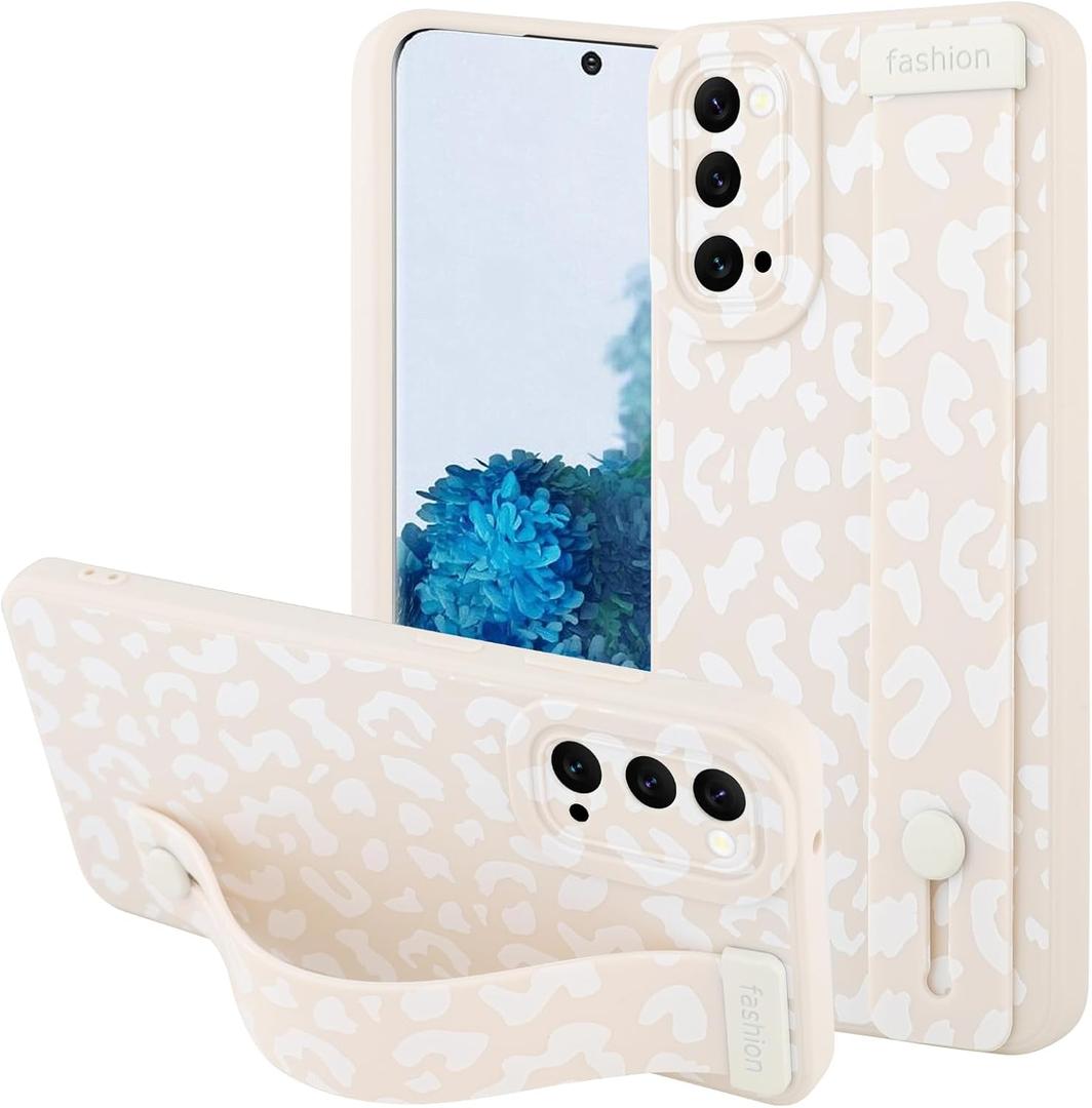 OOK Compatible with Samsung Galaxy S20 Leopard Case with Wrist Strap, White Leopard Cheetah TPU Shockproof Protection Slim Cover with Camera Protection for Women Girls
