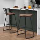 Yongqiang 26" Swivel Bar Stools with Backs Set of 2 Metal Counter Height Bar Chairs with Wooden Seat Industrial Barstools Matte Black