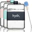 Hydr | 15oz Flat Water Bottle For Purse & Flexible Cleaning Brush | BPA Free Square Water Bottle | Leak/Drop Proof Slim Water Bottles For Travel, small water bottle (Black)
