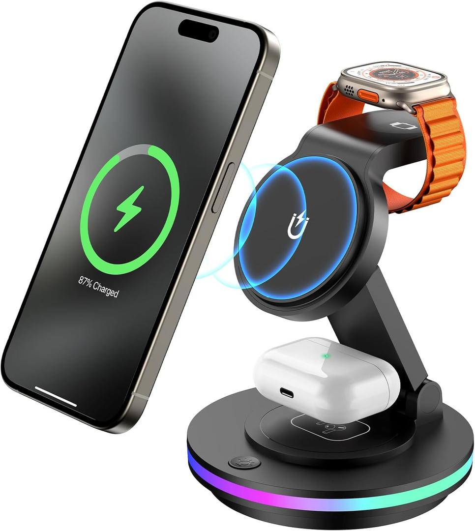 Facbiny 3 in 1 Wireless Charging Station for Multiple Devices, Rotatable & Foldable Magsafe Charger Stand with Night Light & 20W Adapter for iPhone 16/15/14/13/12 Series, Apple Watch 2 to 9, AirPods