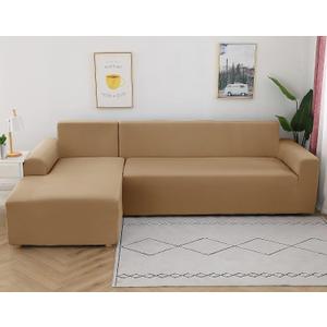 ELEOPTION 2 Piece Black Couch Covers for Sectional Sofa L Shape Chaise Covers for Cushion Couch Chaise Slipcover for Living Room Pets (L-Shape 3+3 Seater)