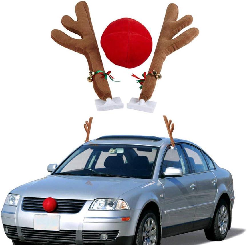 Christmas Car Reindeer Antlers and Nose Decorations Kit Vehicle Costume Plush Rudolf Red Nose Deer Antlers Auto Accessories