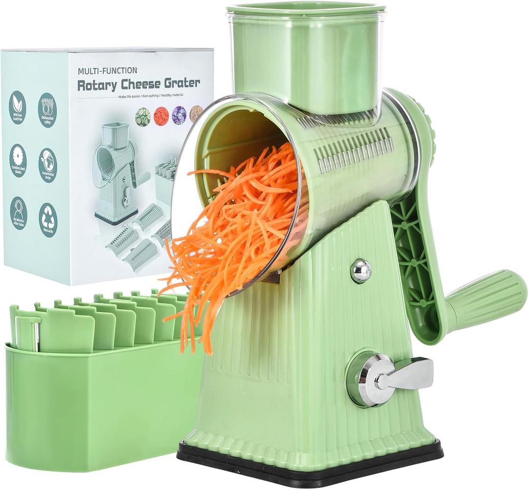 Xilrvna RotaryCheeseGrater,VegetableShredder 5 in 1 Cheese GraterwithHandleedderReinforcedSuction,EasytoClean,KitchenChopperforCrushedIce,Fruits and Nuts with Blade StorageCaselight green