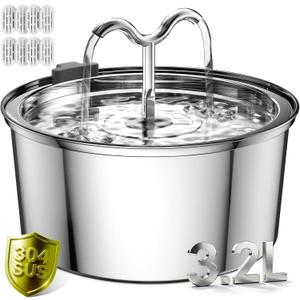 DOOOB Cat Water Fountain, 3.2L/108OZ Stainless Steel Cat Water Fountain, Automatic Metal Dog Water Fountains Water Bowl with Ultra-Quiet Pump and 8 Filters & 8 Sponges