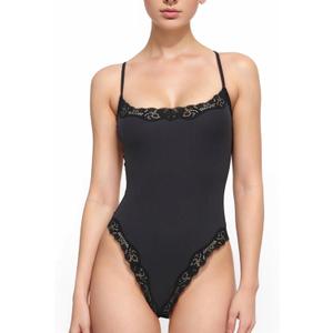 Women Spaghetti Strap Lace Bodysuit Tummy Control Going Out Tops Sleeveless Tank Bodysuits Top Comfy Undershirt (Medium, Black)
