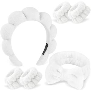 Zkptops 6Pcs Spa Headband for Washing Face Wristbands Set Women Bubble Makeup Sponge Terry Cloth Padded Puffy Skincare Headband Bow Tie Hairband Cute Non Slip Thick Hair Accessory Gifts (White)