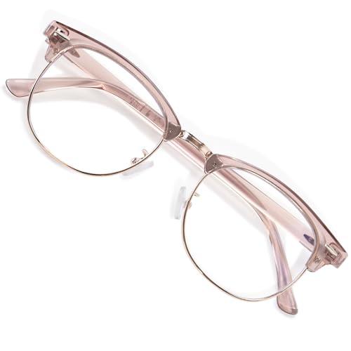 OPTOFENDY Reading Glasses for Women Men, Half Frame Retro Semi Rimless Blue Light Blocking Computer Readers, Clear Lens Light Brown 2.5x
