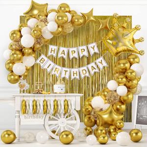 RUBFAC Gold Birthday Party Decorations Set Gold Birthday Banner Background Confetti Balloons and Tri-color Tassel Garland for Boys Girls Men Women Party