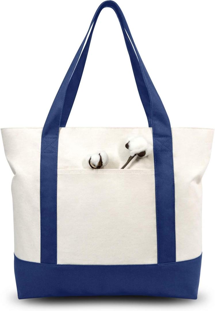 TOPDesign 3-Pack Canvas Tote Bags with an External Pocket, Reusable Grocery Shopping Bags, Top Zipper Closure, Daily Essentials (Blue/Natural)