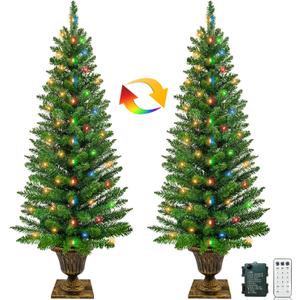 2 Pack 4 Ft Outdoor Potted Christmas Tree for Porch with 3 Mode Timer Dual Color Change 80 Warm White & Multi Color Lights 12 Mode Remote Control Battery Operated Xmas Tree Front Door Decor