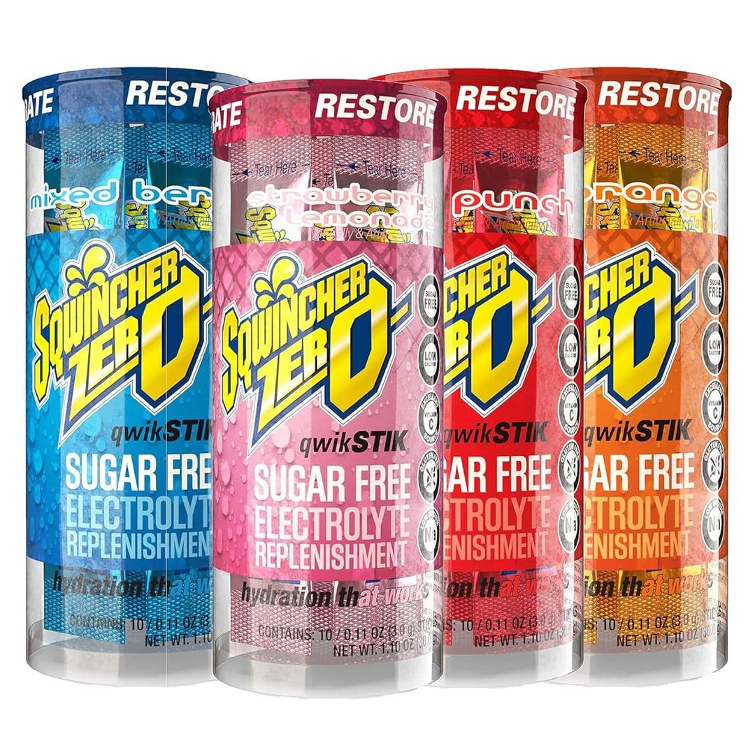 Sqwincher Zero Qwik Stik, 4 Flavor Variety Pack, Sugar Free, Low Calorie, Low Sodium Electrolyte Powder Hydration Drink Mix, .11 oz Packet (Pack of 200)
