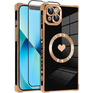 OOK Magnetic Case for iPhone 13 6.1 Inch [Wireless Charging Compatible] Soft TPU Heart Design Phone Cover with Screen Protector Shockproof Protection Slim Case for Women - Black (Black (NO Strap))