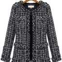 ebossy Women's Elegant Open Front Round Neck Fringed Plaid Tweed Jacket L