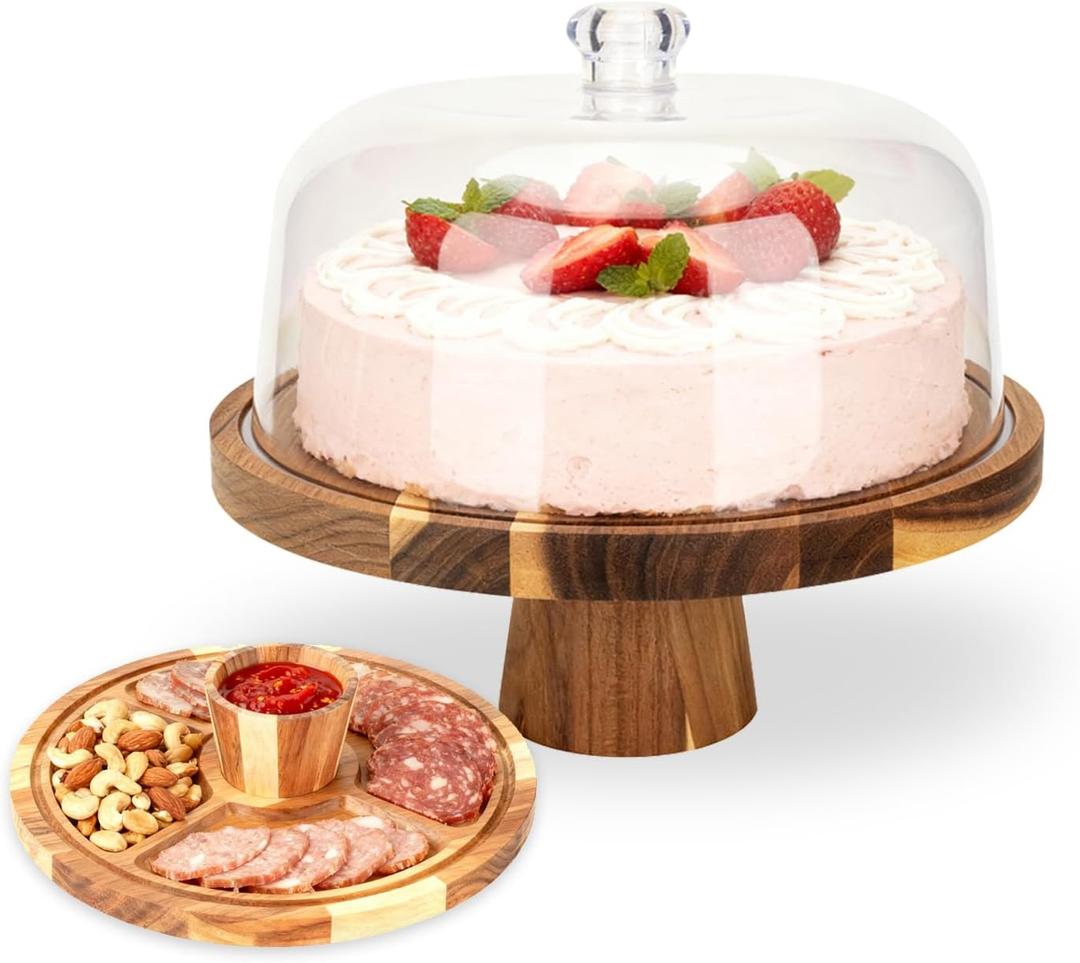 Acacia Wood Cake Stand with Lid | 12 Inch Wooden Cake Stand with Acrylic Dome & 2-in-1 Design | Multi-Purpose Dessert Server and Charcuterie Board for Home Bakers, Weddings, Party Table Display