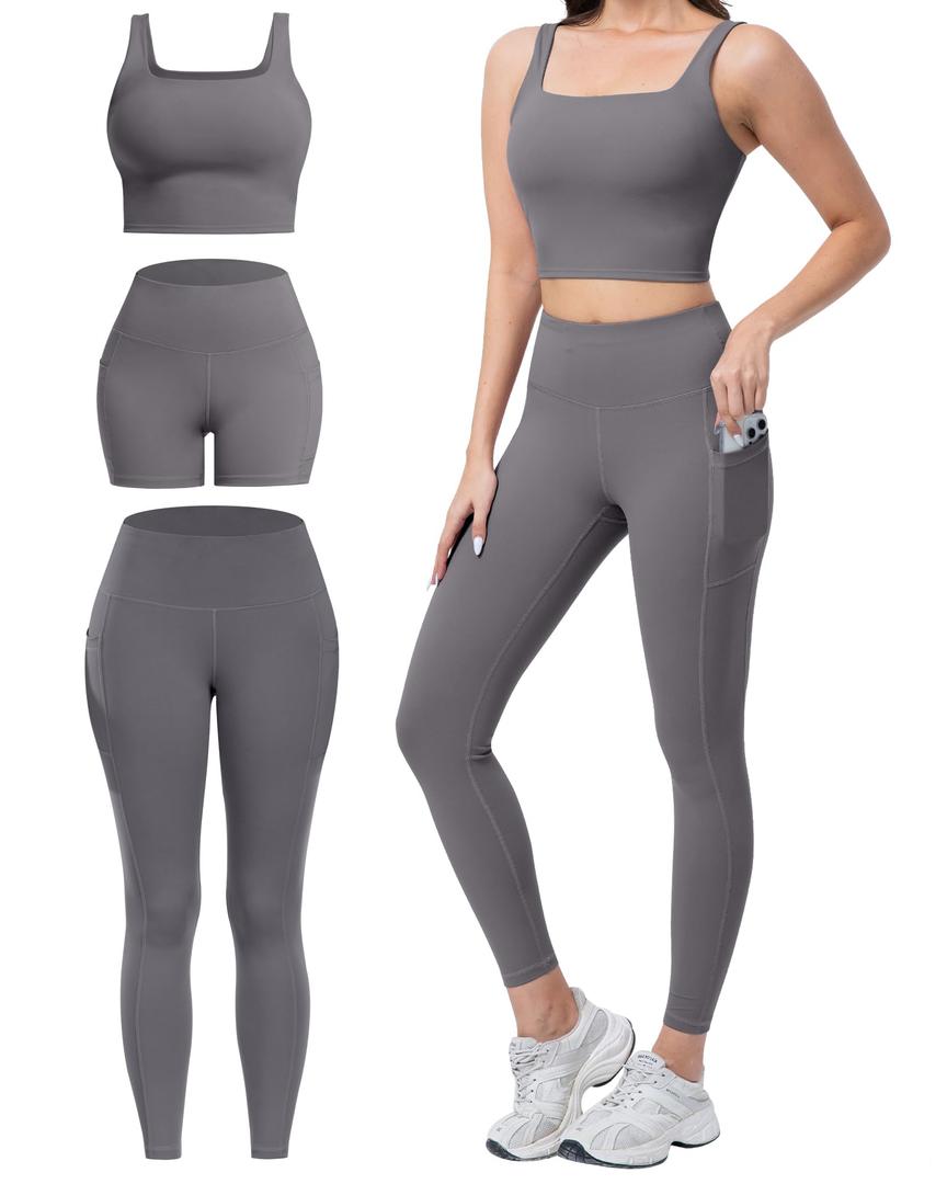 3 Piece Workout Sets for Women High Waisted Leggings with Pockets Tummy Control Biker Shorts Yoga Sports Bra, Medium