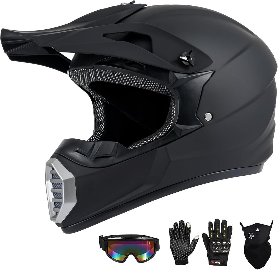 Youth Kids Motocross Helmet DOT Approved, Adult ATV Dirt Bike Off-Road Full Face Motorcycle Helmet with Goggles Gloves Mask for Boys Girls,Lightweight Breathable for Riding (Matte Black, Large)
