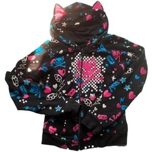 Womens Y2k Skulls Pattern Hoodies Kawaii Zip Up Clothes Punk Hip Hop Cat Ears Sweatshirts Cute Hoodie, L