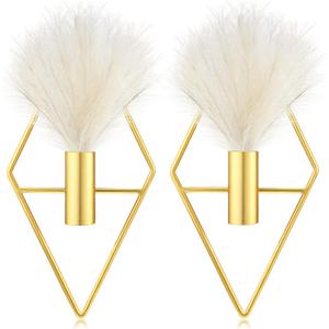 Peryiter 2 Pcs Boho Wall Decor Metal Gold Wall Art Hanging Planters with Artificial Pampas Modern Home Decor Display Art for Living Room Bedroom Bathroom(Rhombus)