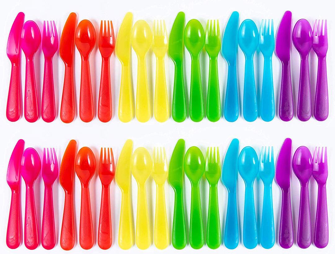 Kids Plastic Dinnerware Set of 36 Multi Color Flatware (Spoons, Forks and Knives) - Reusable, BPA-Free, Dishwasher Safe and Microwaveable (36 Pieces, Purple, Pink, Orange, Yellow, Green, Blue)