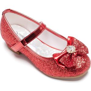 Furdeour Girls Dress Shoes Mary Jane Wedding Flower Bridesmaids Heels Glitter Princess Shoes for Kids Toddler (1 Big Kid, Red)