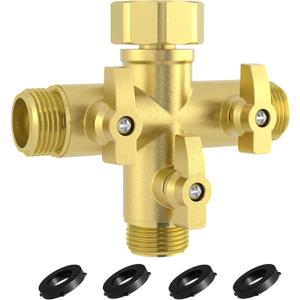 YANWOO Heavy Duty Metal 3 Way + Type Garden Hose Splitter with Shut-Off Valves, 3/4" High Flow Spigot Faucet Connectors with 4 Extra Silicone Washers