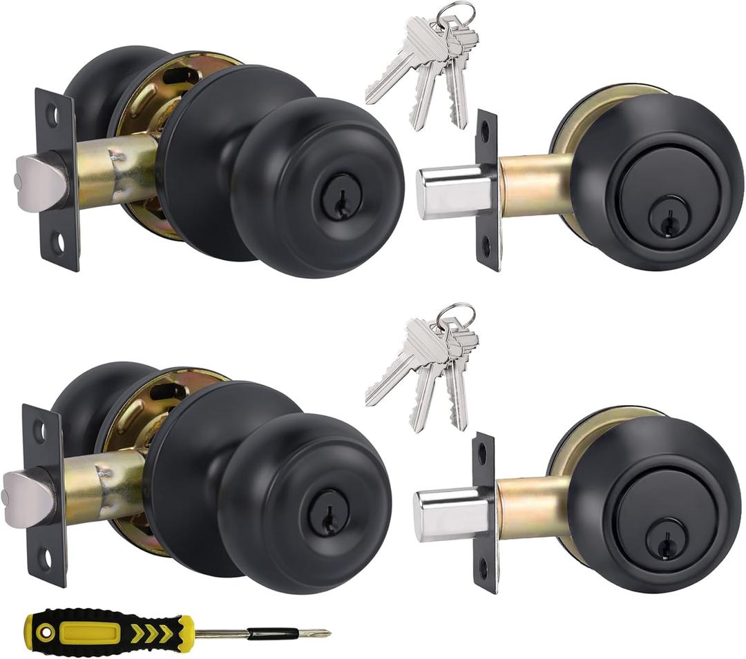 2 Sets All Keyed Alike Entry Door Knobs and Single Cylinder Deadbolt Lock Combo Set, Security for Entrance and Front Door with Classic Flat Ball Matte Black Finish by Lanwandeng