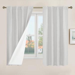 LAMIT Short Window Linen Curtains 48 Inch Length 2 Panels, 100% Blackout Linen Textured Thermal Curtains Back Tab and Rod Pocket Neutral Panels with White Liner for Bedroom, 34 x 48 Inch, Light Grey