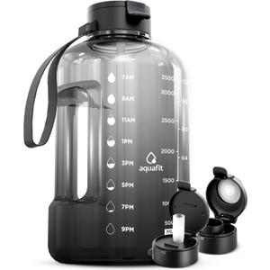 AQUAFIT 1 Gallon Water Bottle with Time Marker | BPA Free 128 oz Water Bottle with Straw and Chug Lids - Leakproof Gym Water Bottle with Carry Handle (Midnight Gray), Style: 