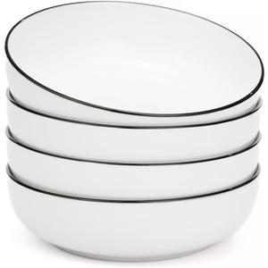 OTAGO 8" Stoneware Salad and Pasta Bowls Set of 4, Porcelain Ceramic Bowls with Black Rim, Microwave & Dishwasher Safe Tableware for Kitchen, Dinner & Dining