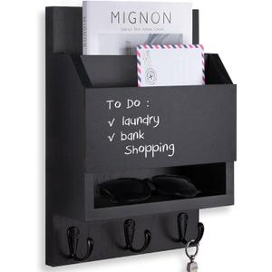Key and Mail Holder for Wall, Key Holder with Chalkboard and Long Storage Box, Key Hanger with 3 Sturdy Hooks for Coat, Dog Leash, Entryway Mail Organizer (Black)
