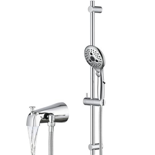 PROOX All Metal Diverter Tub Spout, 6 Settings Hand Held Shower with ON/Off Pause Switch, Adjustable Slide Bar, Chrome