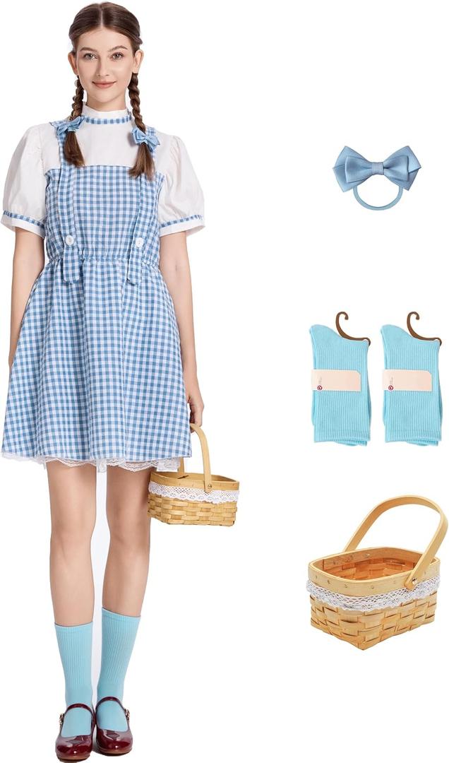 Halloween Costumes for Women Cute Plaid Skirt with Basket Halloween Cosplay Dress with Accessories (X-Large, Blue)